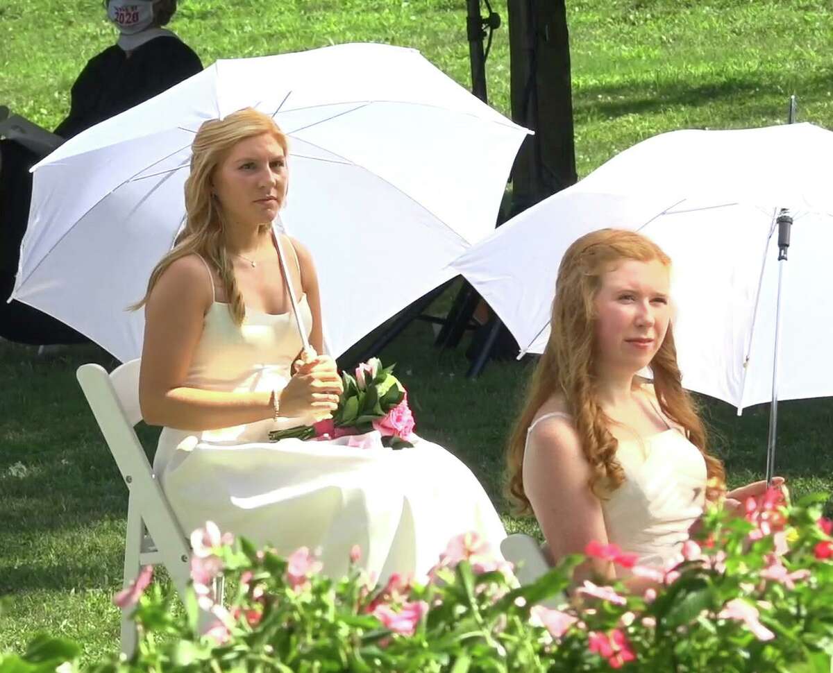 In this live video screenshot, Greenwich Academy graduates take part in the 2020 commencement ceremony in Greenwich, Conn. July 27, 2020.