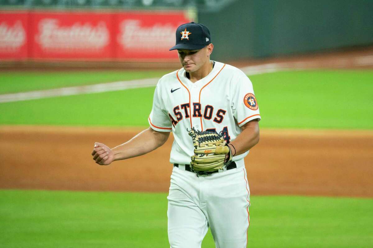 Astros reliever Brandon Bielak celebrates a strikeout that ended his first major league inning at Minute Maid Park on Monday night.