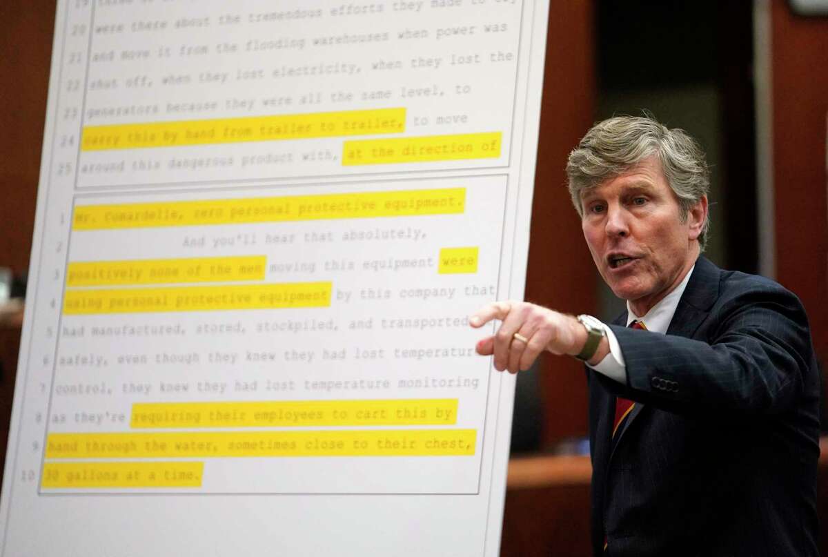 Defense attorney Paul Nugent, speaks about his client, Leslie Comardelle, a former Arkema plant manager in Crosby, during the Arkema Inc. criminal trial at Harris County Criminal Courthouse, Monday, March 2, 2020, in Houston. Arkema Inc., a subsidiary of a French chemical manufacturer, along with three senior staff members are on trial over a fire at the Crosby chemical plant that was overwhelmed by Hurricane Harvey's flooding in 2017.