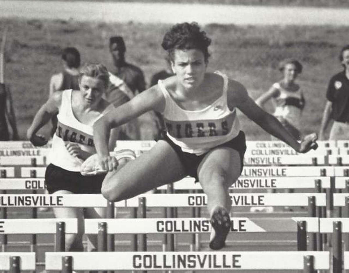 Edwardsville’s Christina Perozzi competes in the 100-meter high hurdles during a meet in Collinsville. Perozzi, a 1990 EHS graduate, was a two-time Class AA state champion in the 300-meter low hurdles.