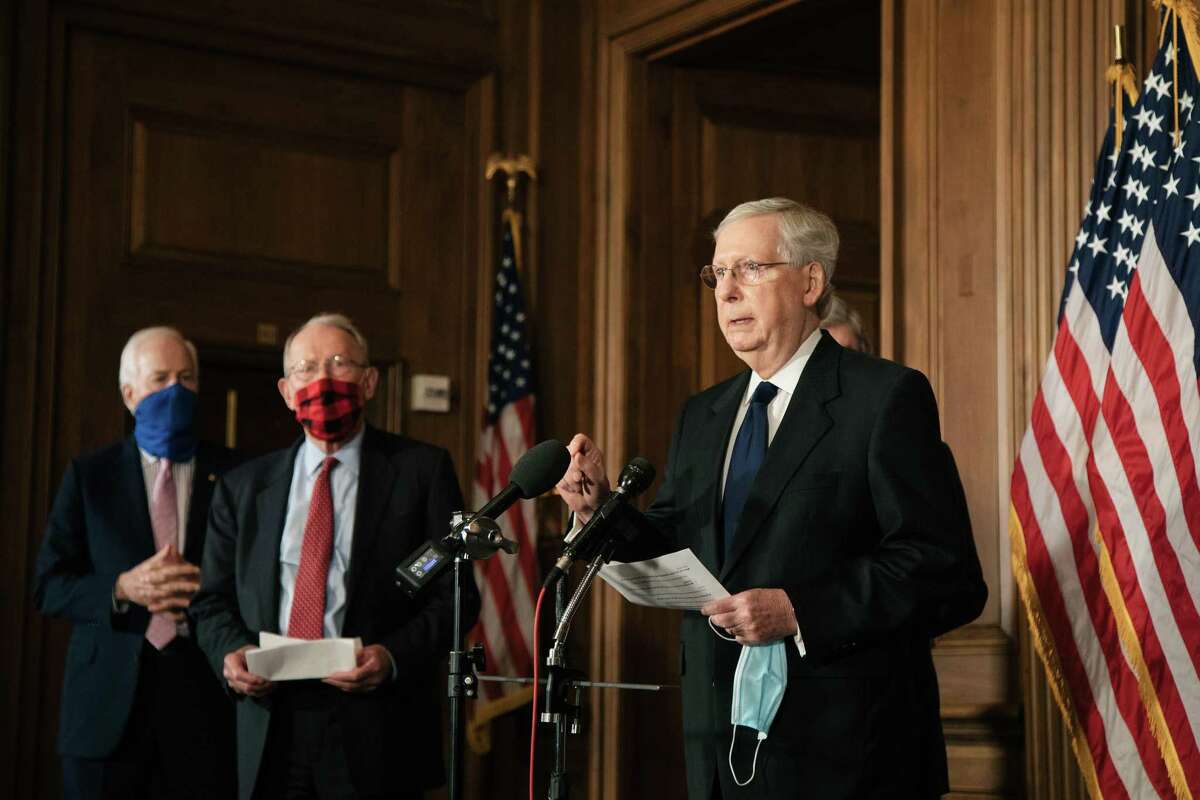 Senate Majority Leader Mitch McConnell (R-Ky.) speaks during a press conference at the Capitol in Washington, Monday, July 27, 2020. Senate Republicans on Monday threw their support behind a substantial cut in jobless aid for tens of millions of Americans laid off because of the coronavirus pandemic.