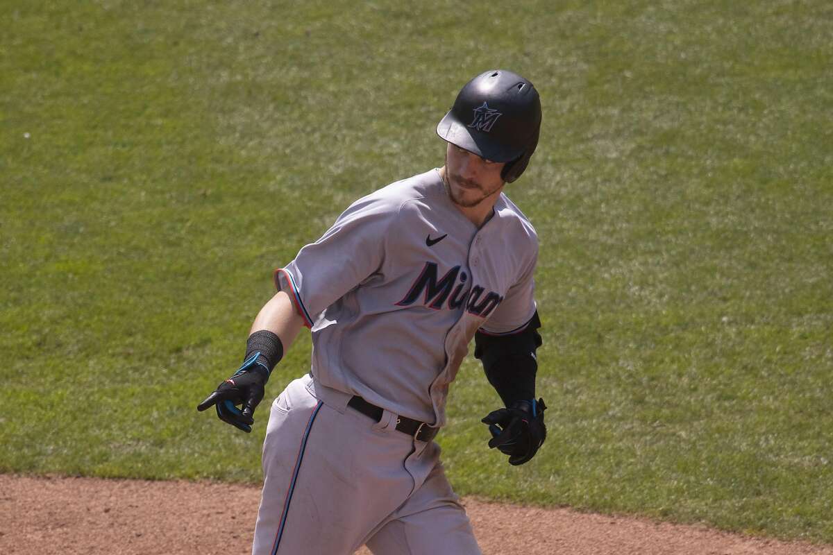 Miami Marlins' Brian Anderson playing first base vs Orioles