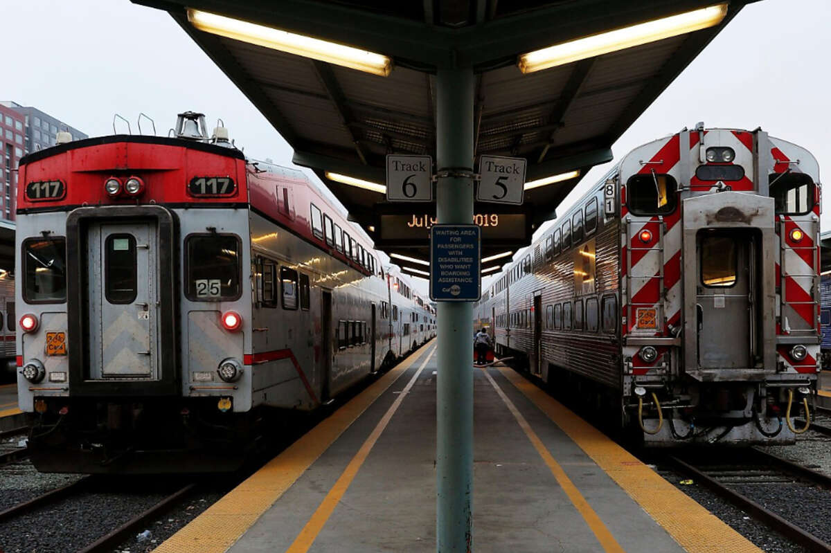 Two Caltrain trains sit at the Caltrain Station in San Francisco, Calif., on Thursday, July 18, 2019. Business leaders and transportation officials are putting together a sales tax ballot measure for next year that would generate billions for transportation infrastructure in the Bay Area. Top on their wish list is the downtown extension of Caltrain, with a tunnel running from the Mission Bay Area to the Transbay Terminal.
