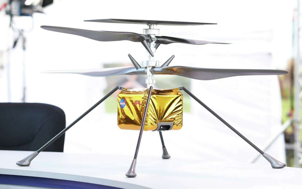 A full-size model of the Ingenuity helicopter, which will be part of the Perseverance rover set to launch to Mars, at Cape Canaveral Air Force Station in Florida on July 28, 2020. This will be the first time a drone helicopter will be used on another planet. The Perseverance rover will seek signs of ancient life and collect rock and soil samples for possible return to Earth when it launches on July 30, 2020.