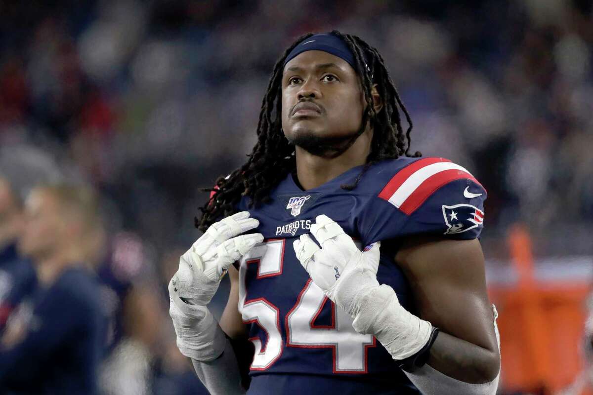 FILE - In this Oct. 10, 2019, file photo, New England Patriots linebacker Dont'a Hightower watches from the sideline during the second half of an NFL football game against the New York Giants in Foxborough, Mass. A person familiar with the situation says Hightower has decided to opt out of the 2020 season. Hightoweras decision was made out of concern for the health of his fiancA©e and child, who was born earlier this month, the person said. (AP Photo/Elise Amendola, File)