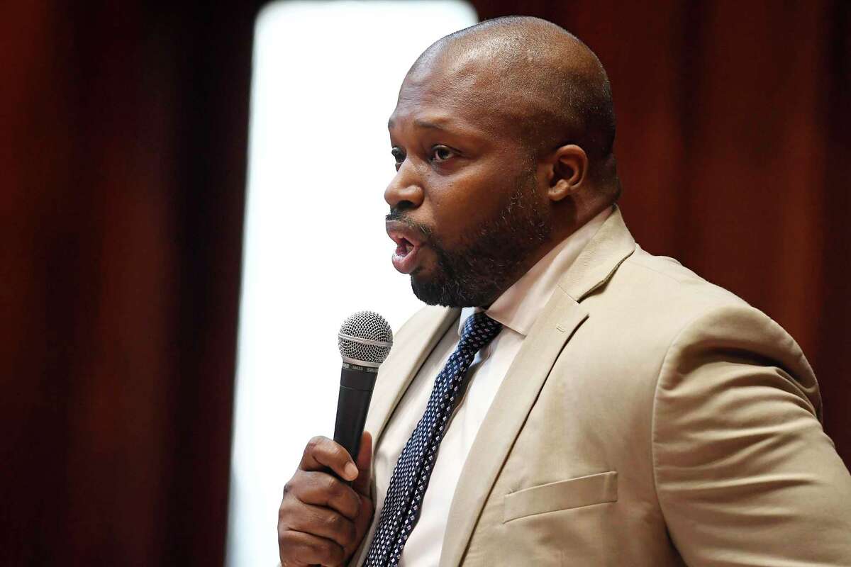 State Sen. Gary Winfield, D-New Haven speaks during special session at the State Capitol, Tuesday, July 28, 2020, in Hartford, Conn. (AP Photo/Jessica Hill)