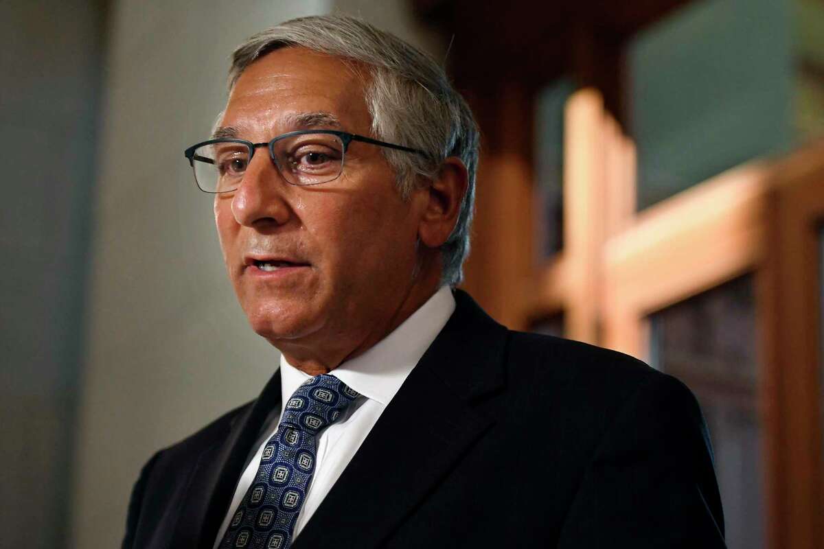 Senate Minority Leader Len Fasano, R-North Haven speaks outside senate chambers during special session at the State Capitol, Tuesday, July 28, 2020, in Hartford, Conn. (AP Photo/Jessica Hill)