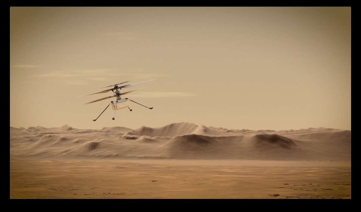 An artist's concept of NASA's Ingenuity Mars Helicopter flying through the Red Planet's skies.