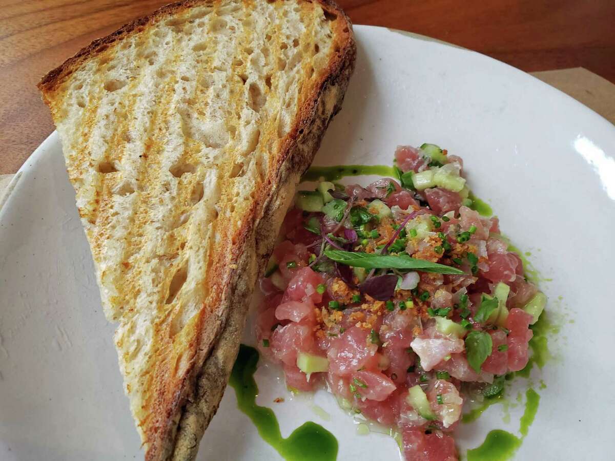 A perfectly grilled slice of bread on the tuna tartar at the Tavern at Graybarns.