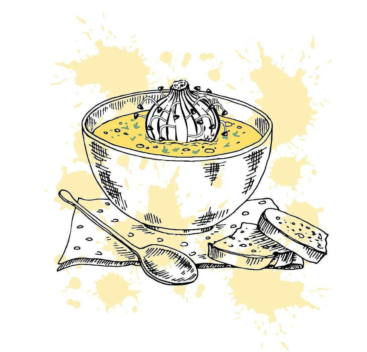丹尼尔·汉德勒短篇小说《服务员》的插图豆芽饺子放在汤里。