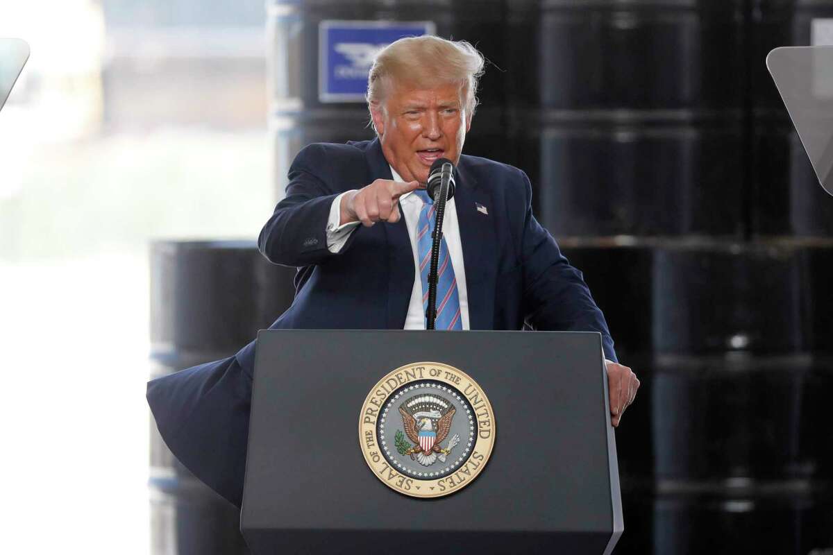 President Donald Trump delivers remarks about American energy production during a visit to the Double Eagle Energy Oil Rig, Wednesday, July 29, 2020, in Midland, Texas. (AP Photo/Tony Gutierrez)