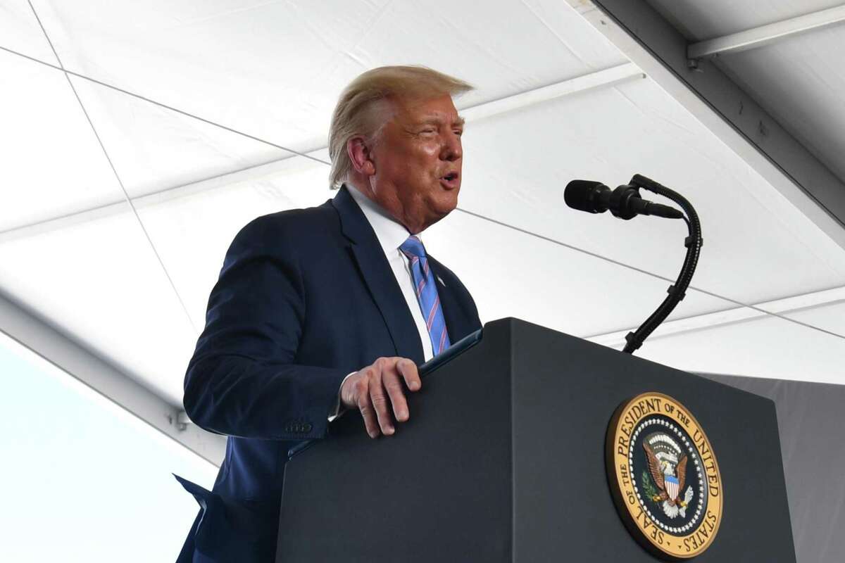 US president Donald Trump delivers remarks on restoring energy dominance in the Permian basin in Midland, Texas on July 29, 2020. (Photo by Nicholas Kamm / AFP) (Photo by NICHOLAS KAMM/AFP via Getty Images)