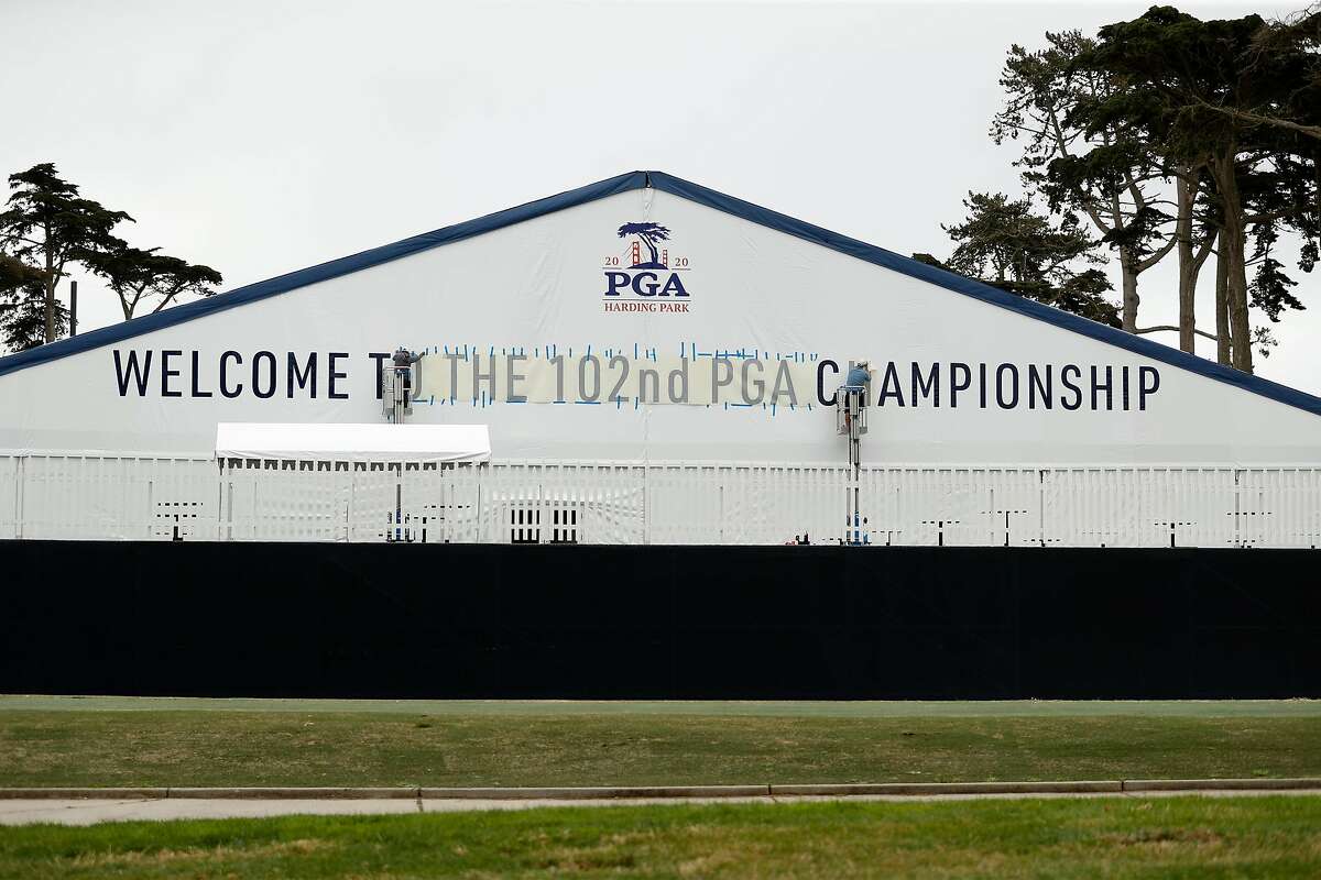 A welcome sign is applied to players' locker room tent at Harding Park Golf Course in San Francisco, Calif., on Tuesday, July 28, 2020. Harding Park will host the PGA Championship next week.