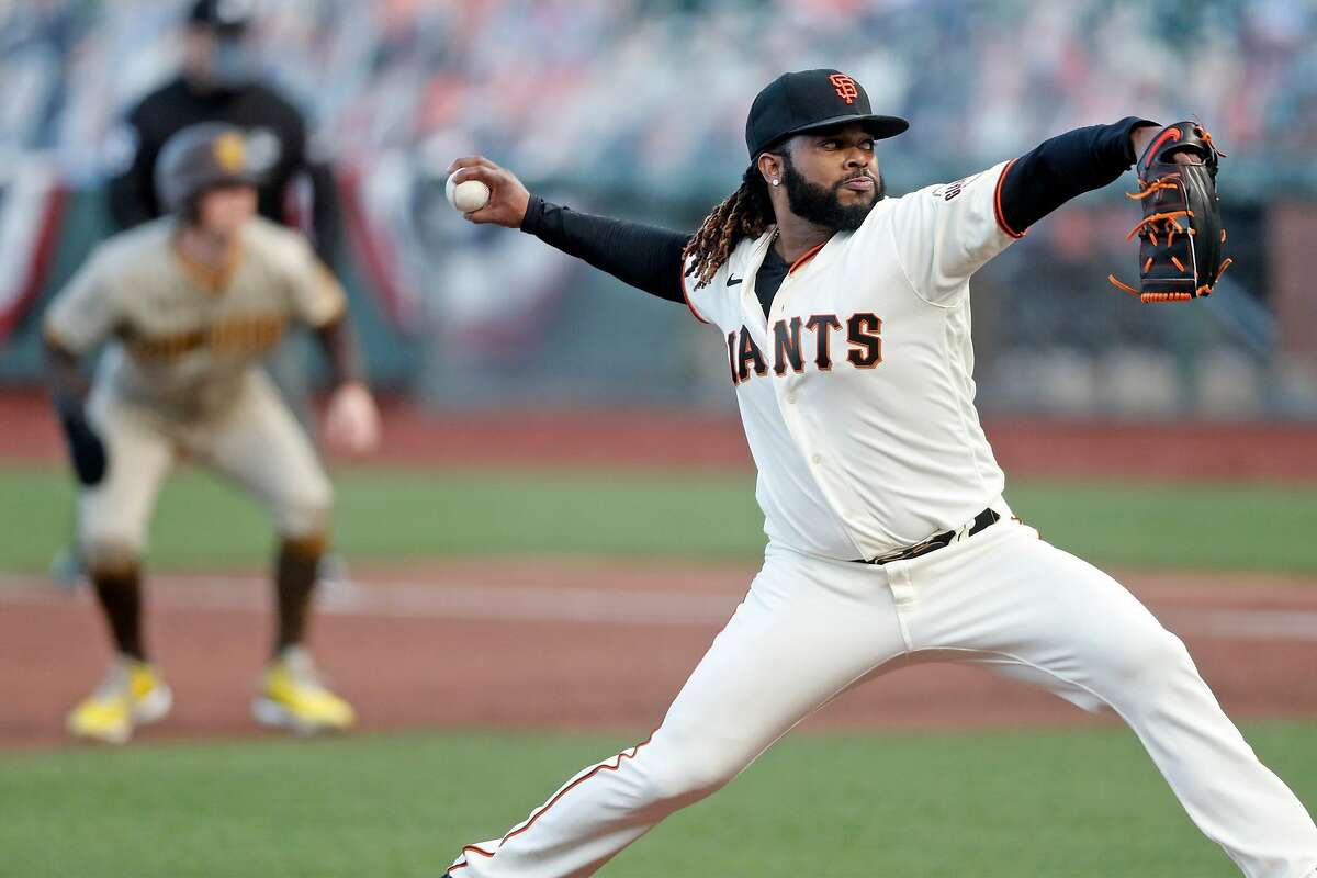 San Francisco Giants' Johnny Cueto delivers in 2nd inning against San Diego Padres during MLB game at Oracle Park in San Francisco, Calif., on Wednesday, July 29, 2020.