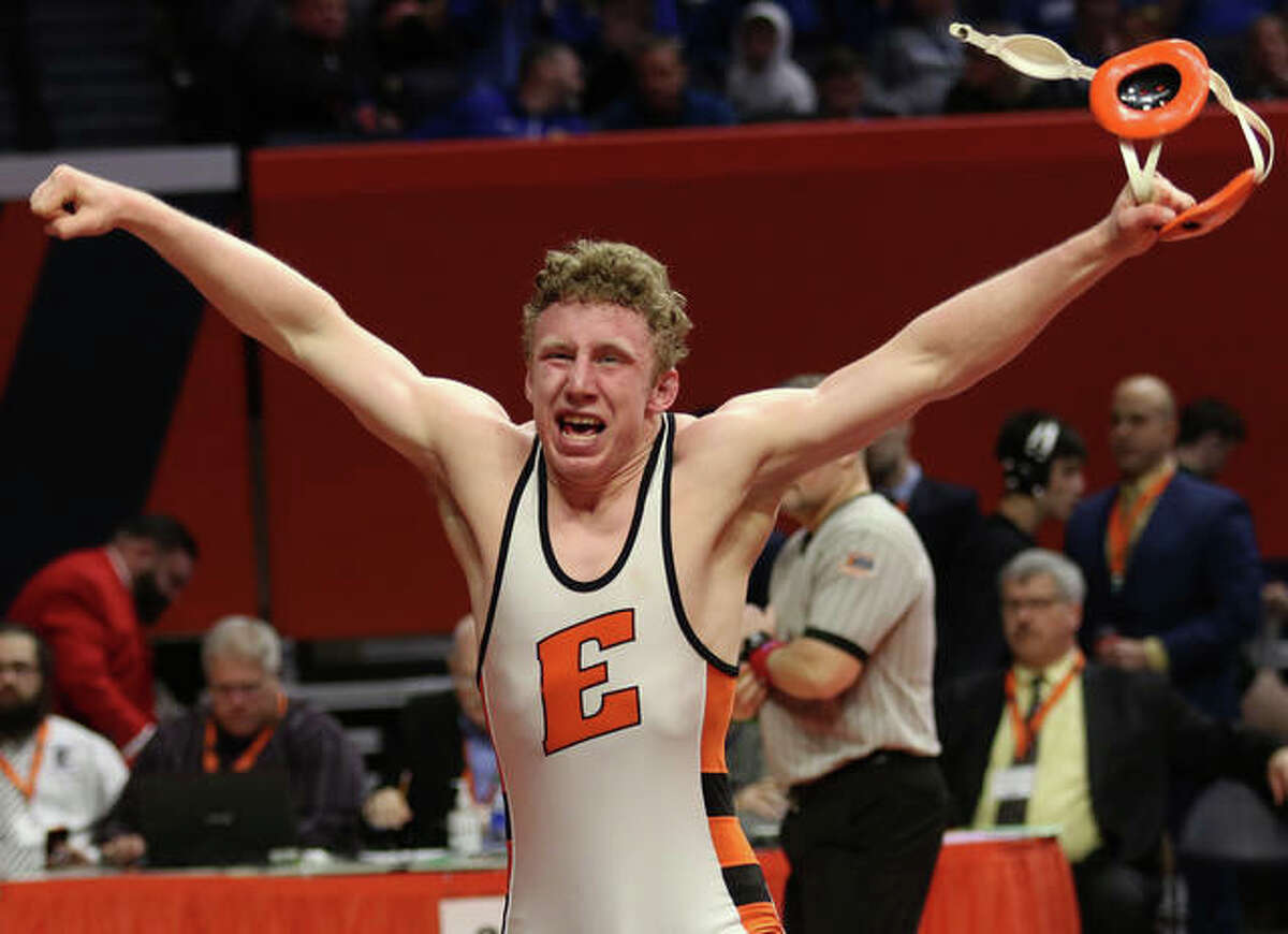 Edwardsville’s Luke Odom reacts after winning his state championship match at 160 in the Class 3A state meet at State Farm Center in Champaign. Odom finished the season with a 51-1 record and his 192-10 career record places him tied for sixth all-time in Illinois.