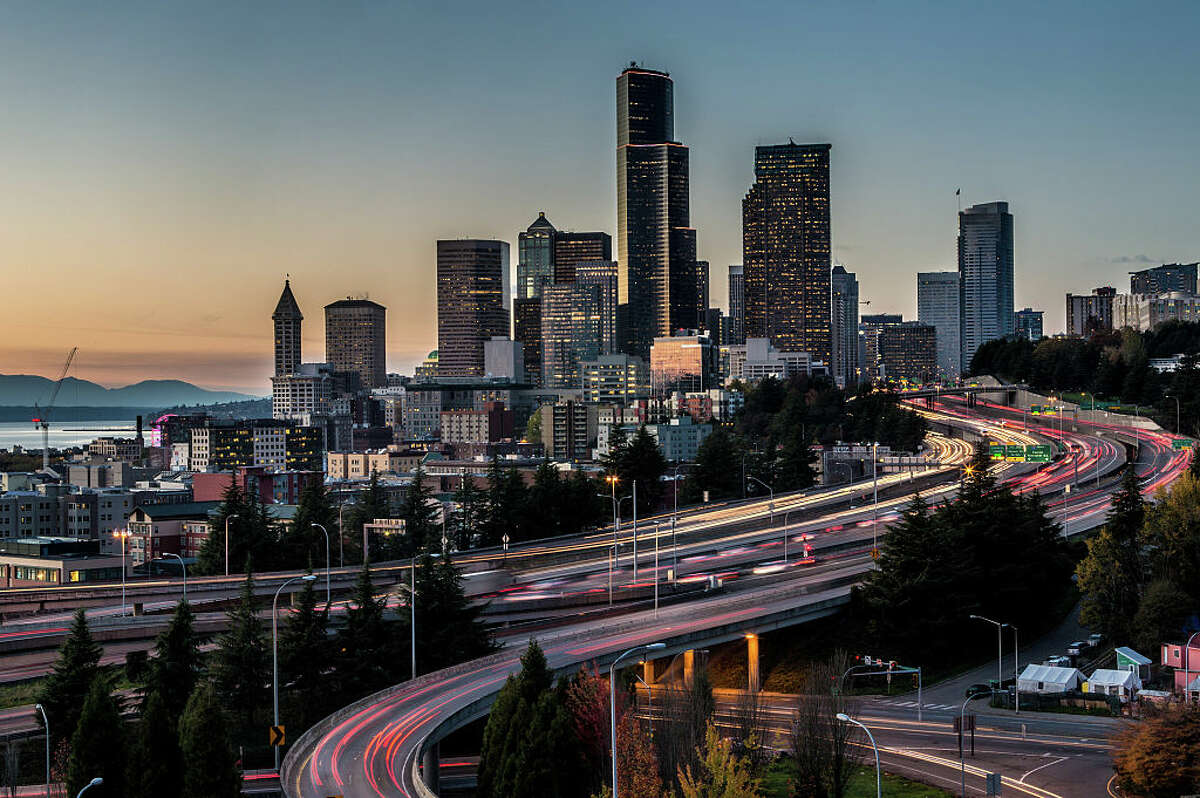 SEATTLE, WA - NOVEMBER 3: Traffic moving along Interstate 5 through downtown is viewed in a time exposure photo at dusk on November 3, 2015, in Seattle, Washington.