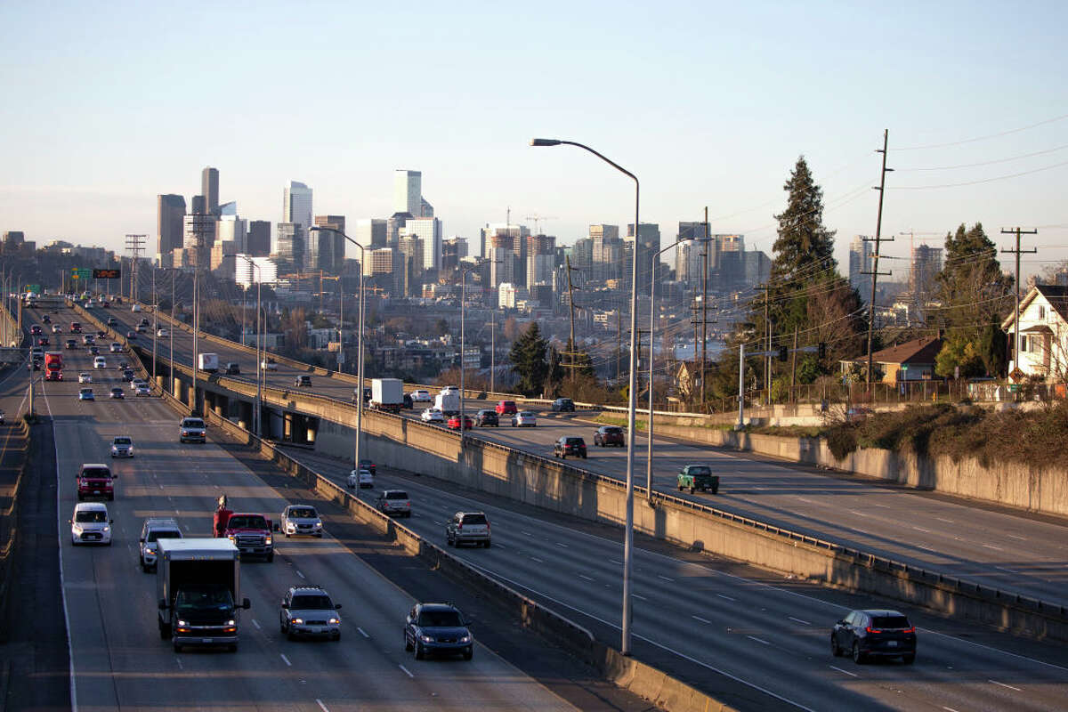 Rush hour traffic is lighter than normal during the morning commute heading in and out of Seattle on Interstate 5 on March 16, 2020 in Seattle, Washington. 