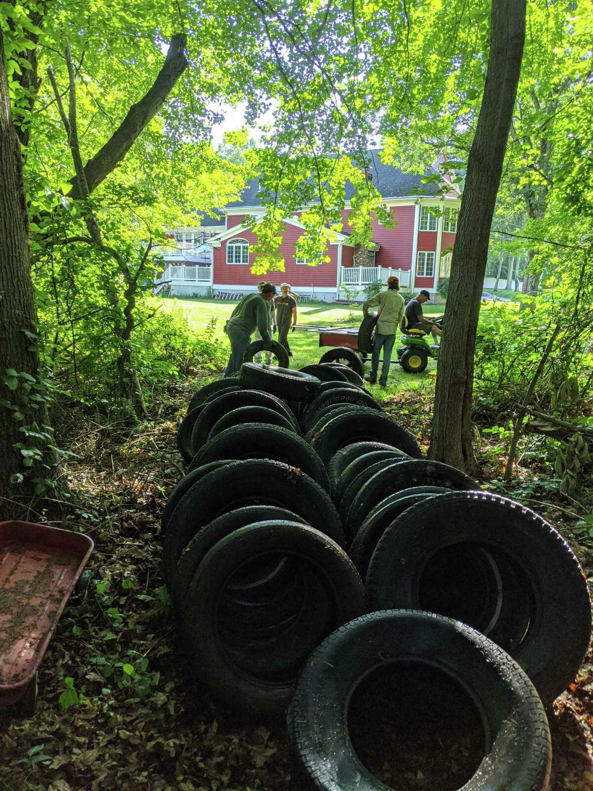 More than 20 volunteers dragged 188 old tires from the wooded area beside Little Pond Trail.