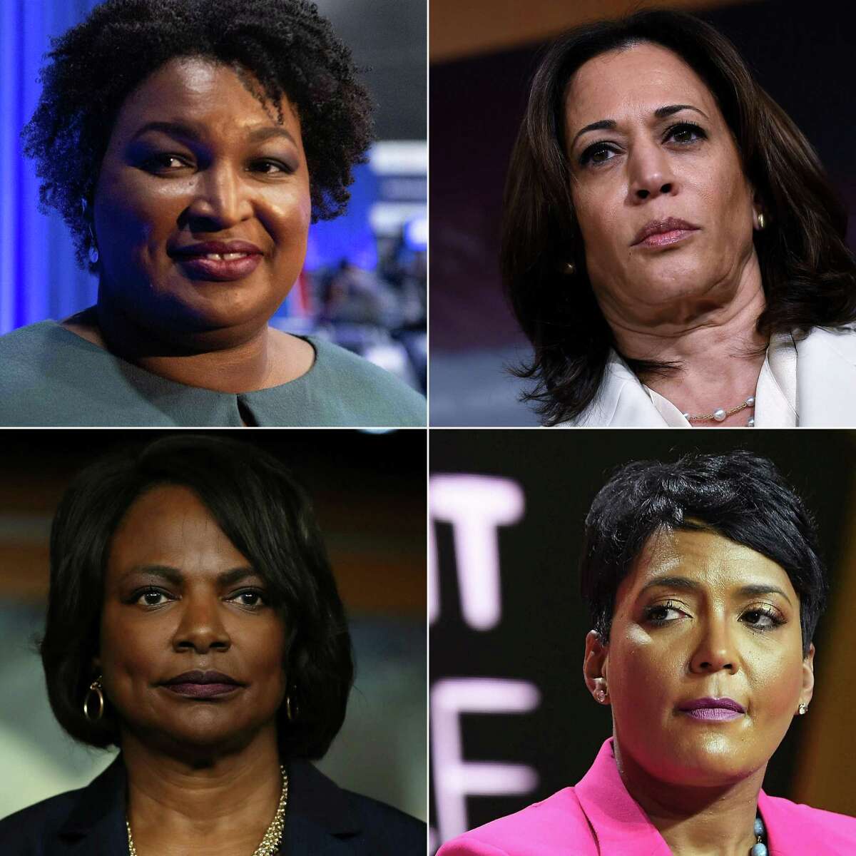 (COMBO) This combination of file photos created on June 09, 2020 shows (L to R, top to bottom) former Georgia Democratic gubernatorial candidate Stacey Abrams, US Senator Kamala Harris, US Representative.Val Demings, and Atlanta Mayor Keisha Lance. - With the White House campaign heading into its coronavirus-hobbled home stretch, Democratic nominee Joe Biden is preparing to announce his vice presidential running mate, a woman likely to play an outsize role in a new administration. (Photos by AFP) (Photo by NICHOLAS KAMM,OLIVIER DOULIERY,CHIP SOMODEVILLA,PARAS GRIFFIN/AFP via Getty Images)
