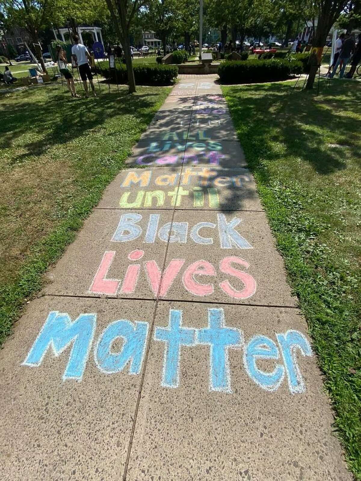 Sidewalk chalk messages were part of a peaceful, expressive protest last weekend, organized by Brandon Patterson, a community and youth organizer who is leading the charge to have a semi-permanent “Black Lives Matter” mural put in West Haven.