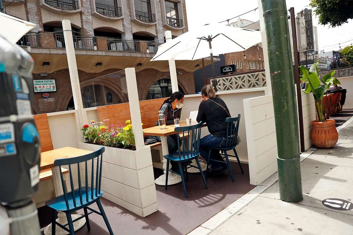 Parklet at Wildseed, 2000 Union Street in San Francisco, Calif., on Thursday, July 30, 2020. in San Francisco, Calif., on Thursday, July 30, 2020. Due to indoor dining being prohibited due to coronavirus pandemic, many San Francisco restaurants have put up "shared spaces platforms" where tables and chairs have been placed on sidewalks and parking spaces.