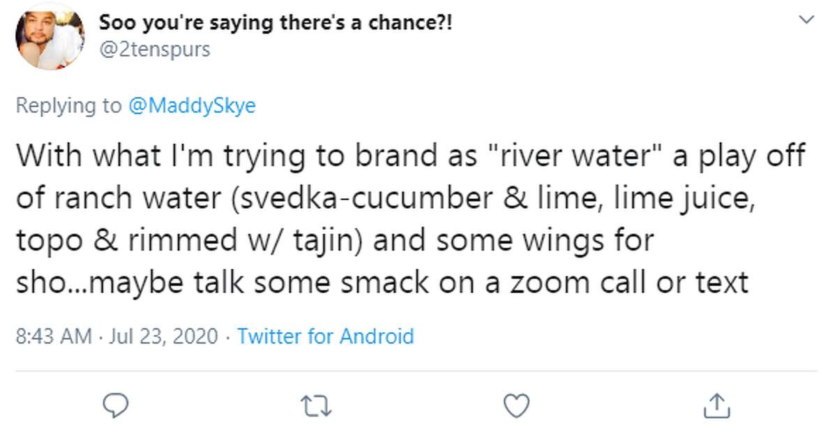 @2tenspurs: With what I'm trying to brand as "river water" a play off of ranch water (svedka-cucumber & lime, lime juice, topo & rimmed w/ tajin) and some wings for sho...maybe talk some smack on a zoom call or text
