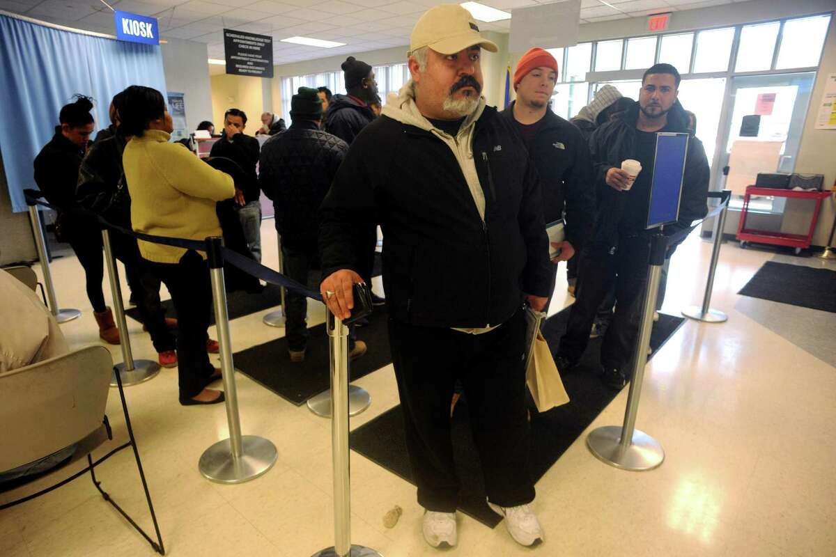 A line at the Department of Motor Vehicle branch office in Bridgeport.