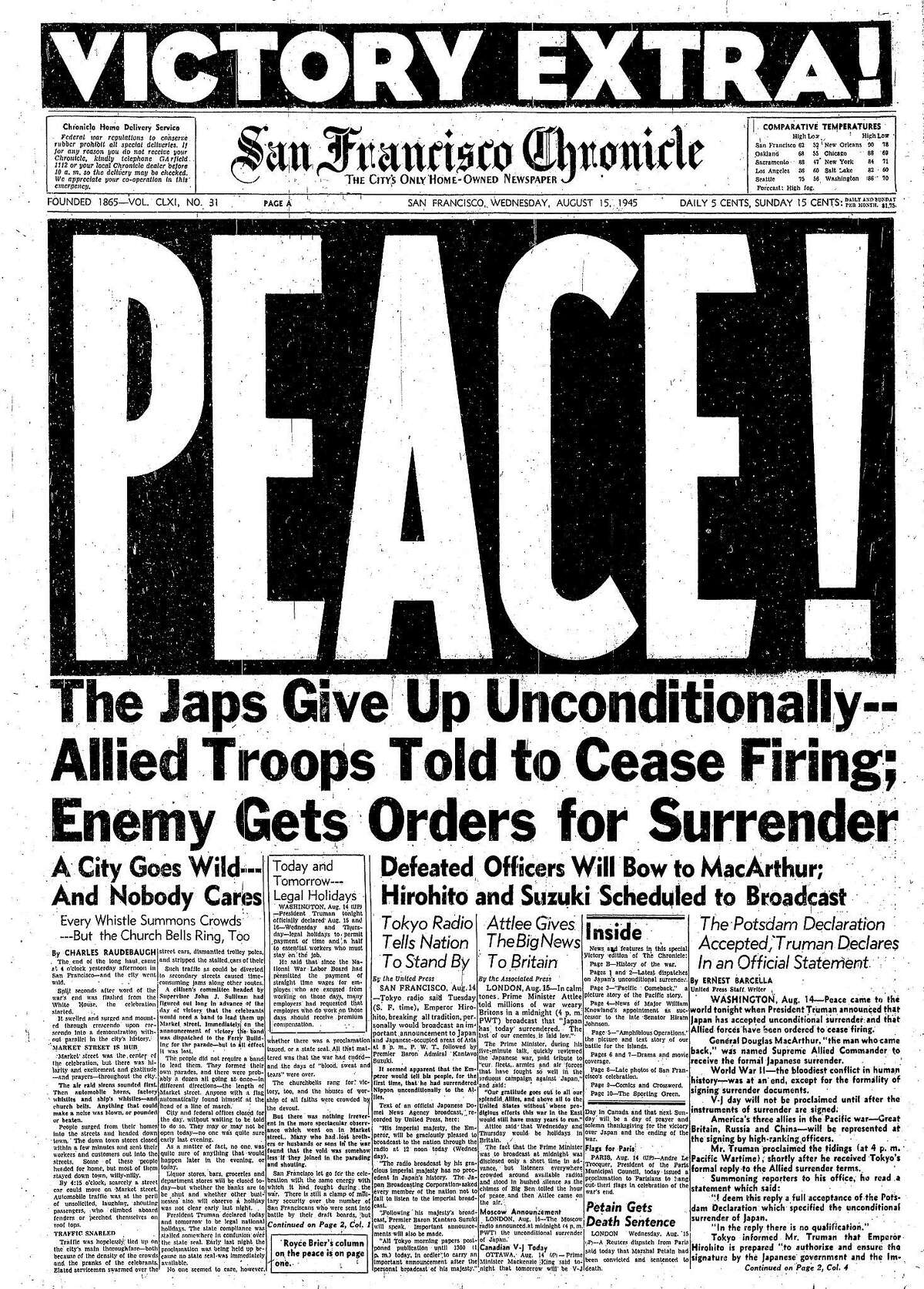 1945年8月15日，头版宣布抗日战争胜利日，日本投降，第二次世界大战结束