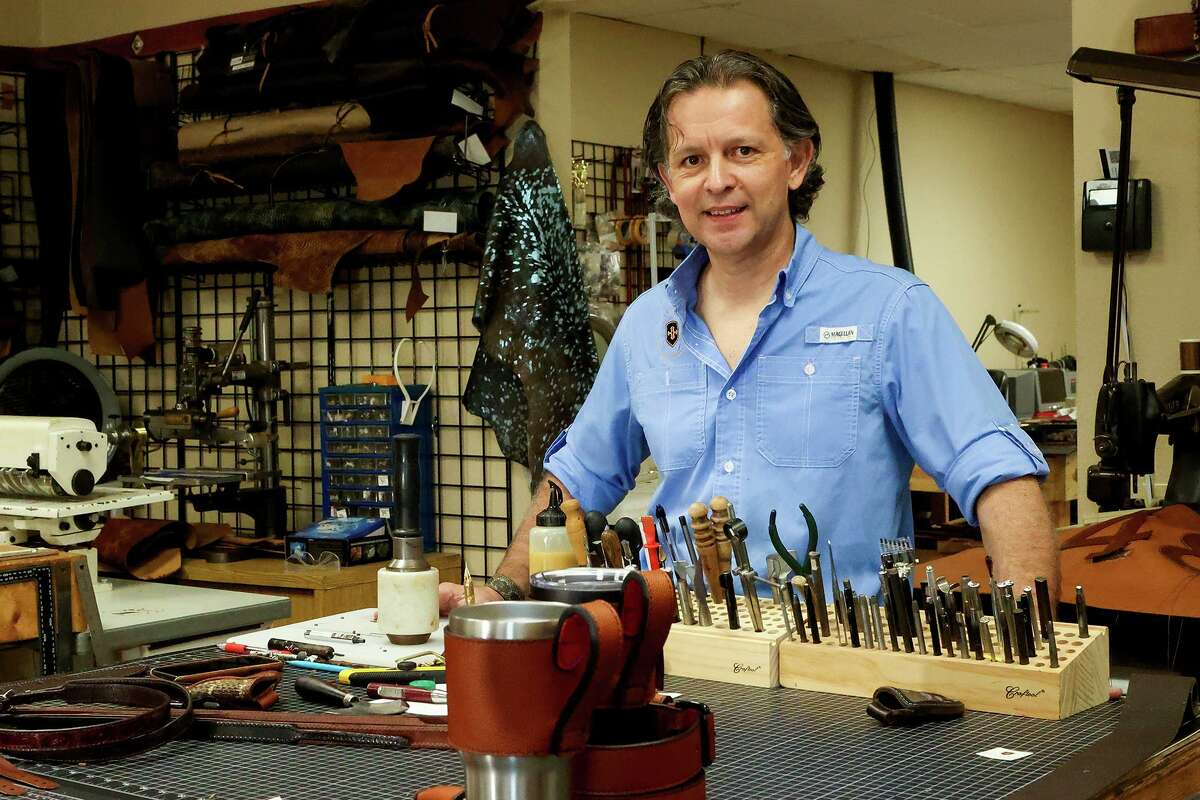 Francisco Figueroa at his shop, Tannare Leather.