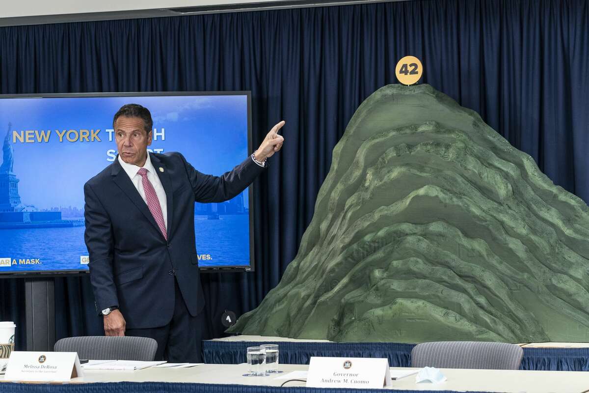 NYS Governor Andrew Cuomo makes an announcement and holds media briefing at 3rd Avenue office. Cuomo unveiled green topographic sculpture model of COVID-19 hospitalization curve from day 1 till day 111. This is the mountain that New Yorkers climbed before the hospitalization curve plateaued after 42 days he said during briefing.