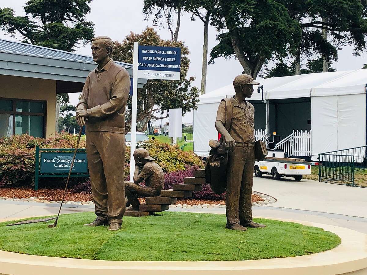 The sculpture of former USGA president Sandy Tatum was in place Saturday at Harding Park, after a long cross-country trip with an unexpected delay in Hannibal, Mo.