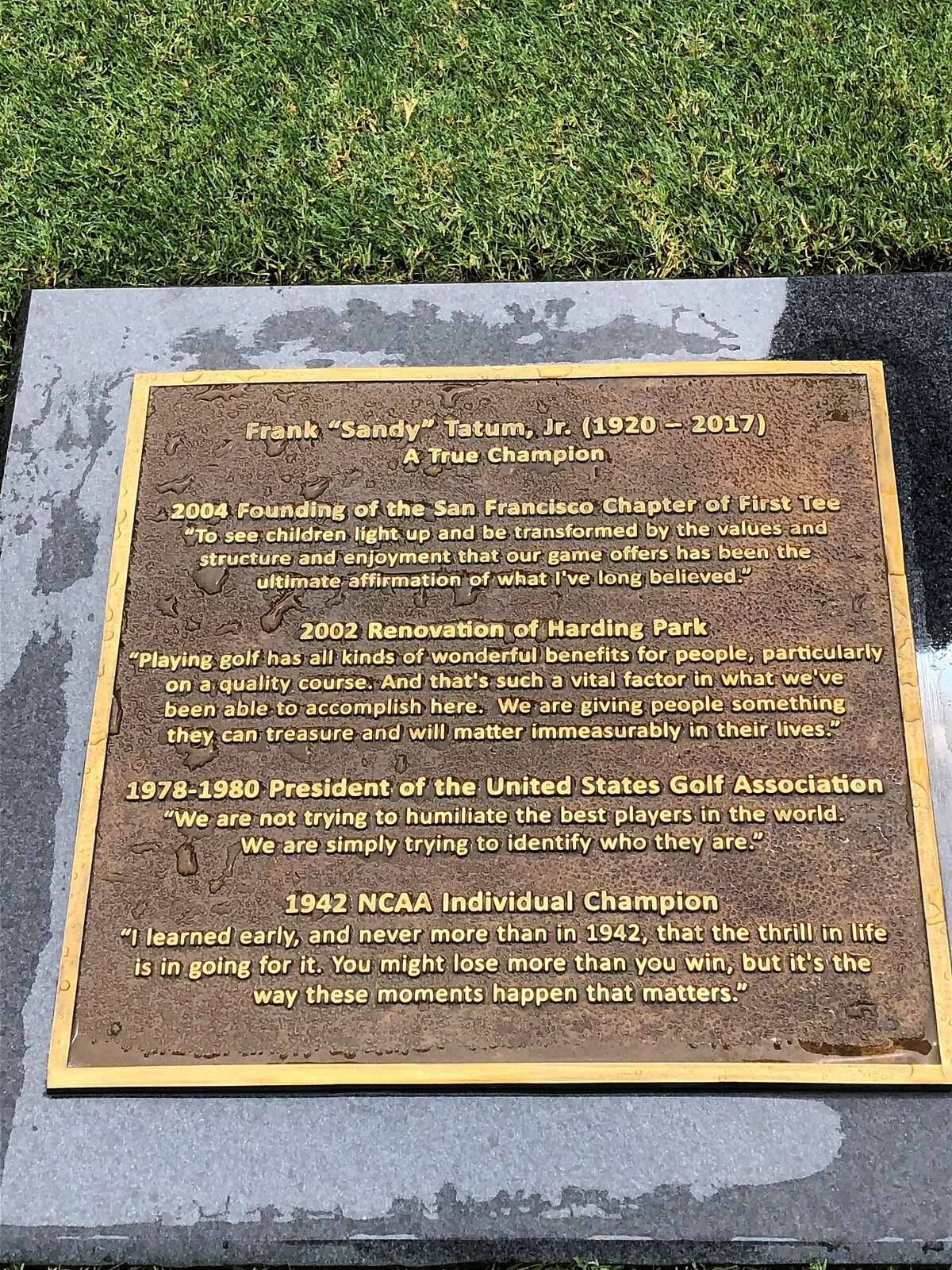 This is the plaque alongside the Sandy Tatum statue at Harding Park.