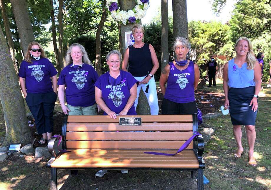 Desmond’s Army and others gathered at the bench dedication in Fairfield, Conn. Photo: Contributed Photo / First Selectwoman Brenda Kupchick