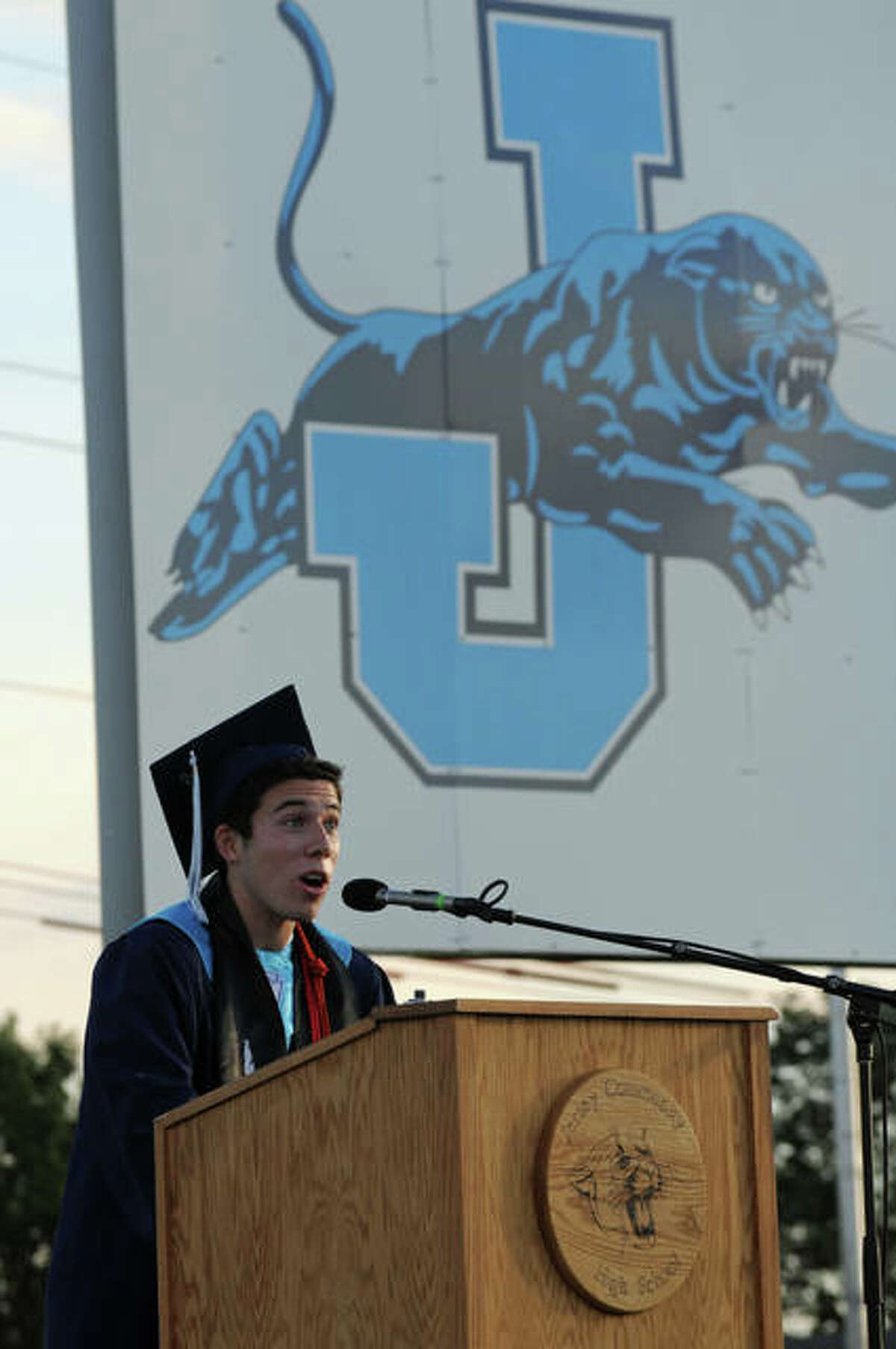 Grant Morgan gives the commencement address on behalf of his fellow Jerseyville High School graduates.