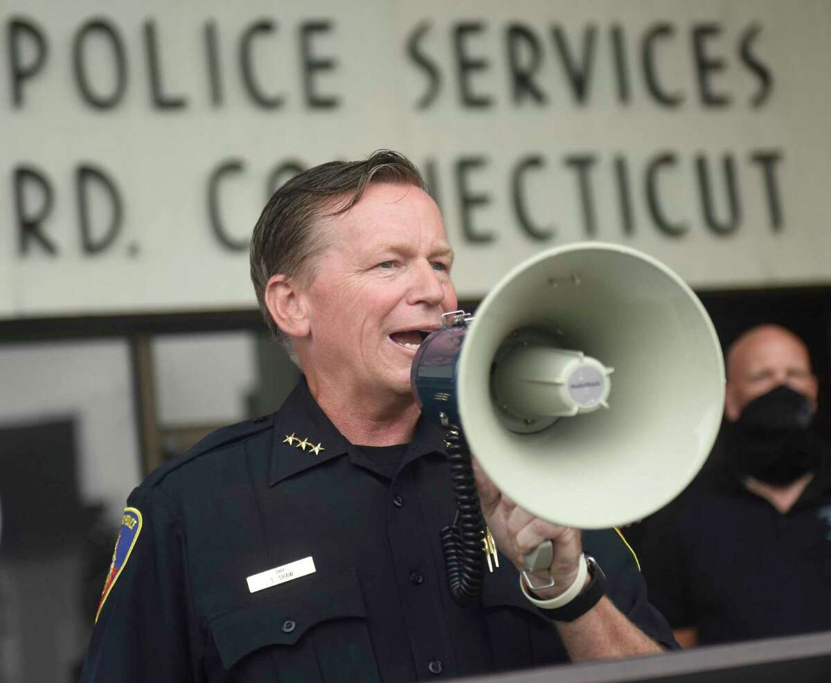 Stamford Police Chief Tim Shaw speaks at the police rally at the old Stamford Police Station in on Sunday.