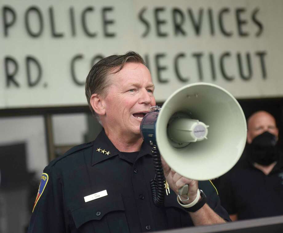 Stamford Police Chief Tim Shaw speaks at the police rally at the old Stamford Police Station in Stamford, Conn. Sunday, Aug. 2, 2020. Hundreds endured the ceremony through the rain to show their appreciation for the Stamford Police Department. Photo: Tyler Sizemore / Hearst Connecticut Media / Greenwich Time