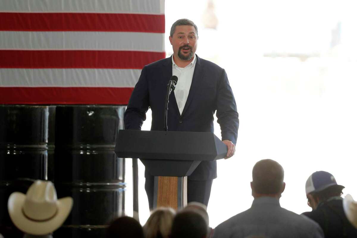 Double Eagle Energy co-CEO Cody Campbell make remarks before introducing President Donald Trump who made remarks about American energy production during a visit to the Double Eagle Energy Oil Rig, Wednesday, July 29, 2020, in Midland, Texas. (AP Photo/Tony Gutierrez)