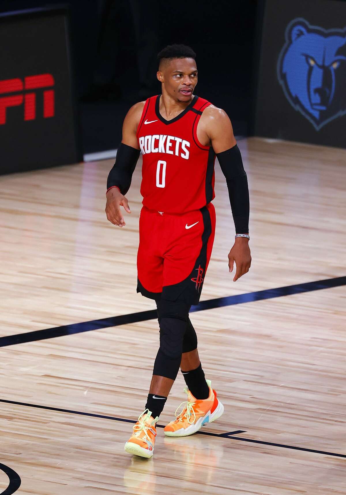 Houston Rockets' Russell Westbrook leaves the court after the team's win over the Milwaukee Bucks in an NBA basketball game Sunday, Aug. 2, 2020, in Lake Buena Vista, Fla. (Mike Ehrmann/Pool Photo via AP)