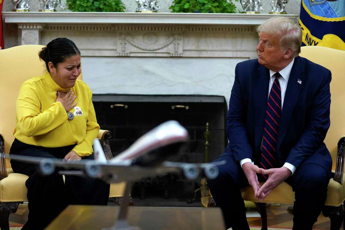 Army Spc. Vanessa Guillen's mother Gloria Guillen, left, speaks as she meets with President Donald Trump in the Oval Office of the White House on Thursday, July 30, in Washington. A reader is not surprised by the high percentage of women who are sexually harassed in the military, and says women are the ones who can help.