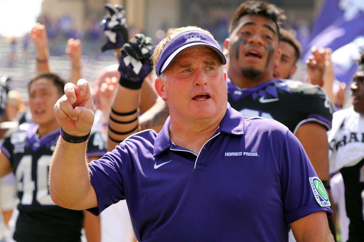 FORT WORTH, TEXAS - SEPTEMBER 28: Head coach Gary Patterson of the TCU Horned Frogs after the win against the Kansas Jayhawks at Amon G. Carter Stadium on September 28, 2019 in Fort Worth, Texas. (Photo by Richard Rodriguez/Getty Images)