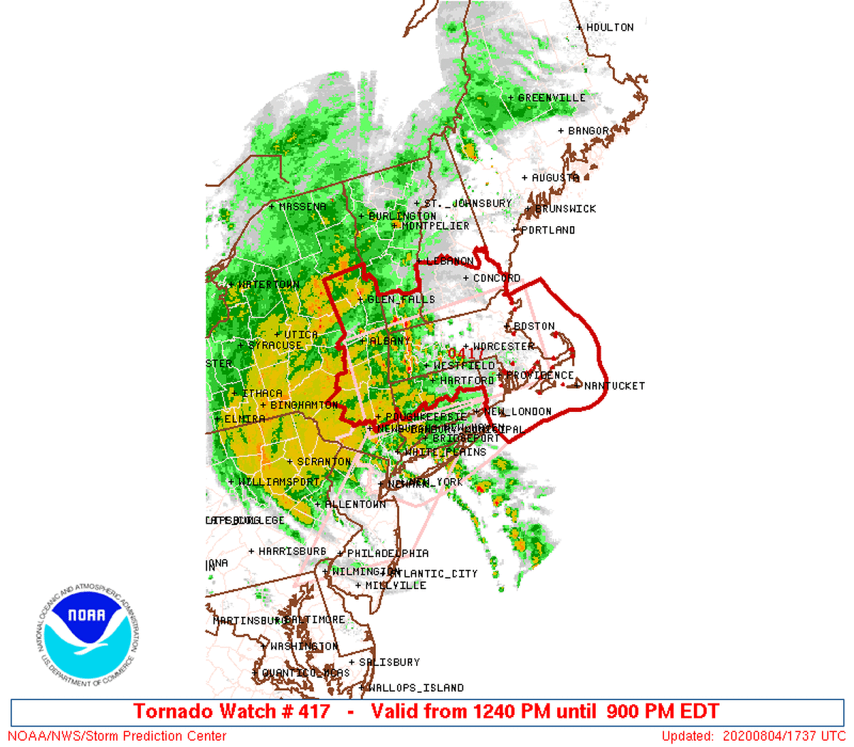 Tornado watch for Connecticut and surrounding areas, Aug. 4, 2020.
