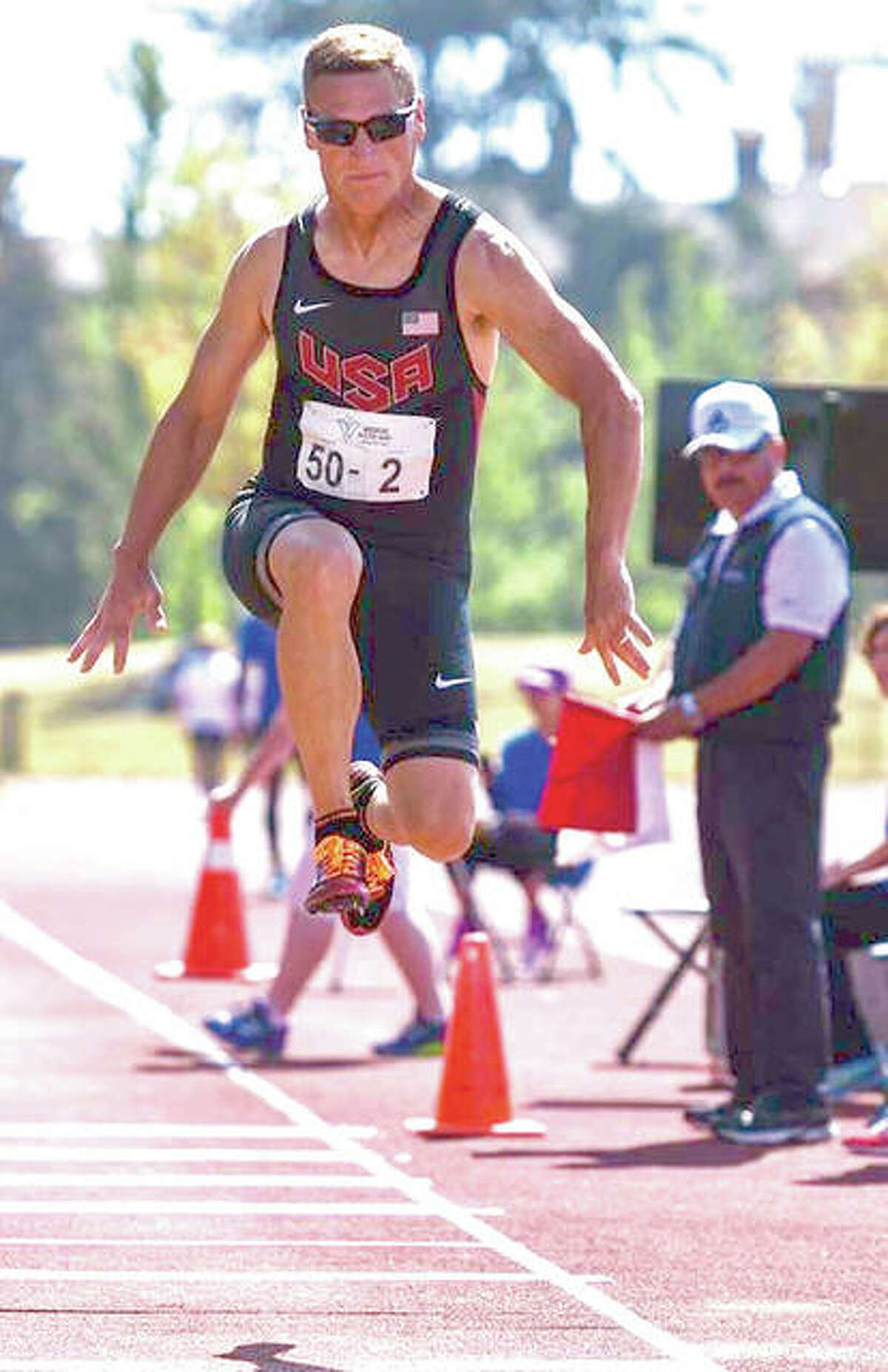 Mike Young, of Wood River, competing in a long jump during the U.S. Senior Games in Birmingham, Alabama. He is a Senior Olympian and state record holder.