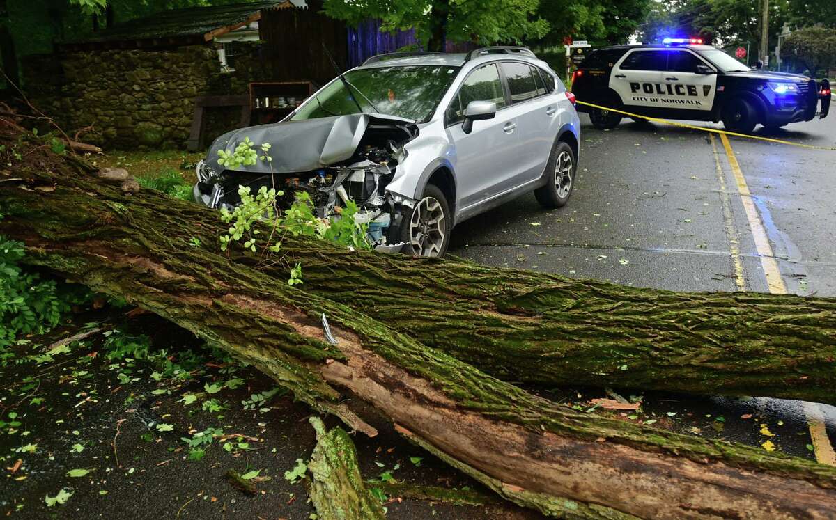 A car was struck by a fallen tree limb while wind gusted up to 70 miles per hour as Tropical storm Isaias brings heavy rain Tuesday, August 4, 2020, to Norwalk, Conn.