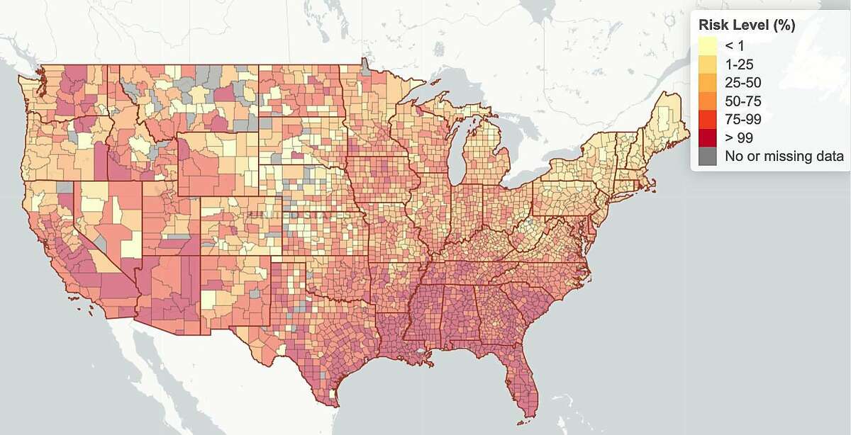 An interactive map developed by Georgia Tech professors shows the county-by-county risk in the U.S. that at least one person in a gathering of 100 is coronavirus-positive.
