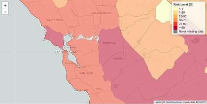 An interactive map developed by Georgia Tech professors shows the county-by-county risk in the Bay Area that at least one person in a gathering of 100 is coronavirus-positive.