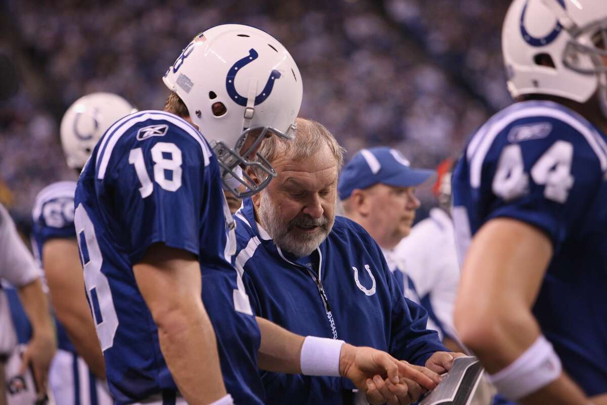 Indianapolis Colts' offensive line coach Howard Mudd talks with quarterback Peyton Manning during a Dec. 27, 2009 game against the New York Jets.