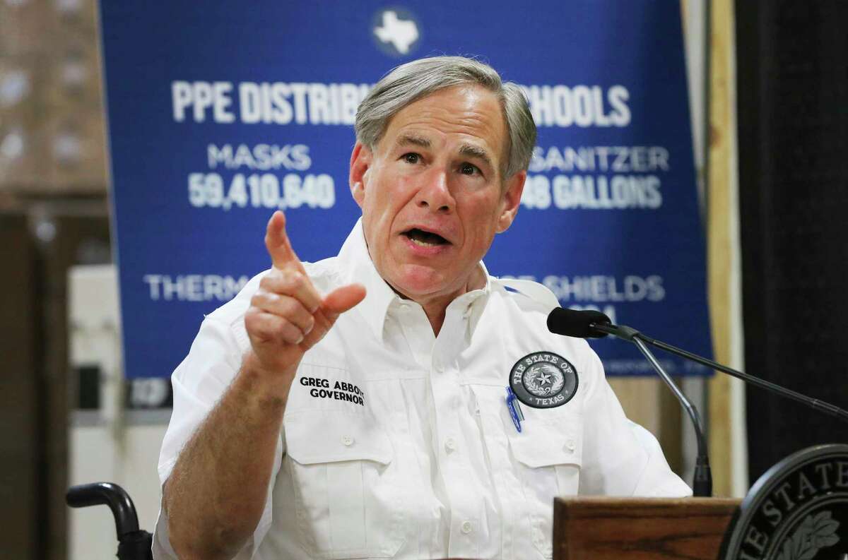 Gov. Greg Abbott gives remarks after a tour at a Texas Division of Emergency Management warehouse in San Antonio stocked with Personal Protective Equipment on Aug. 4. Abbott visited the site, then held a press conference at the facility.