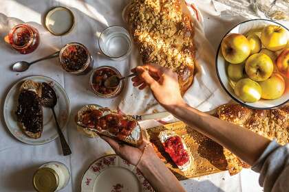 Whole wheat challah and jams from the vegetarian cookbook “Fresh From Poland” by food writer Michał Korkosz.