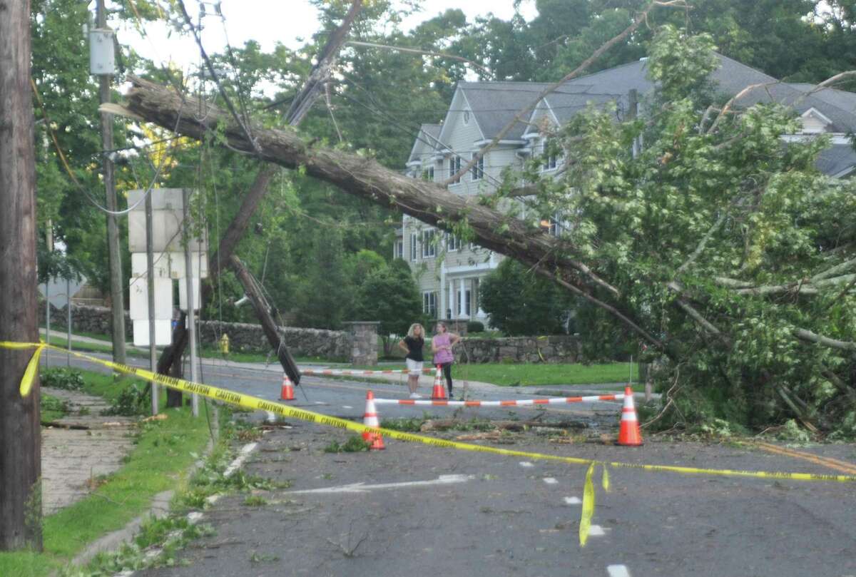 A tree down on Danbury Road after tropical storm Isaias on Tuesday, August 4, 2020 in Ridgefield, Conn.