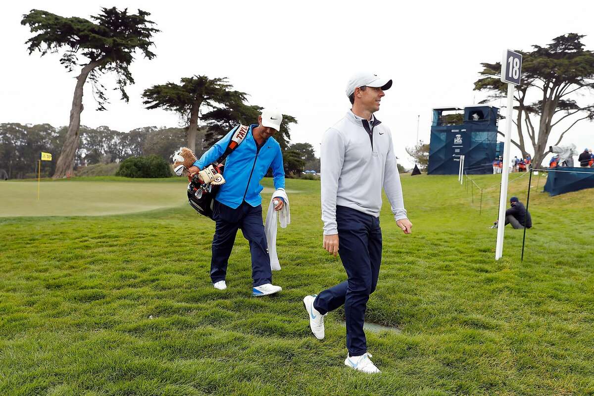 Rory McIlroy walks off 18th green after his PGA Championship practice round at Harding Park in San Francisco, Calif., on Wednesday, August 5, 2020.